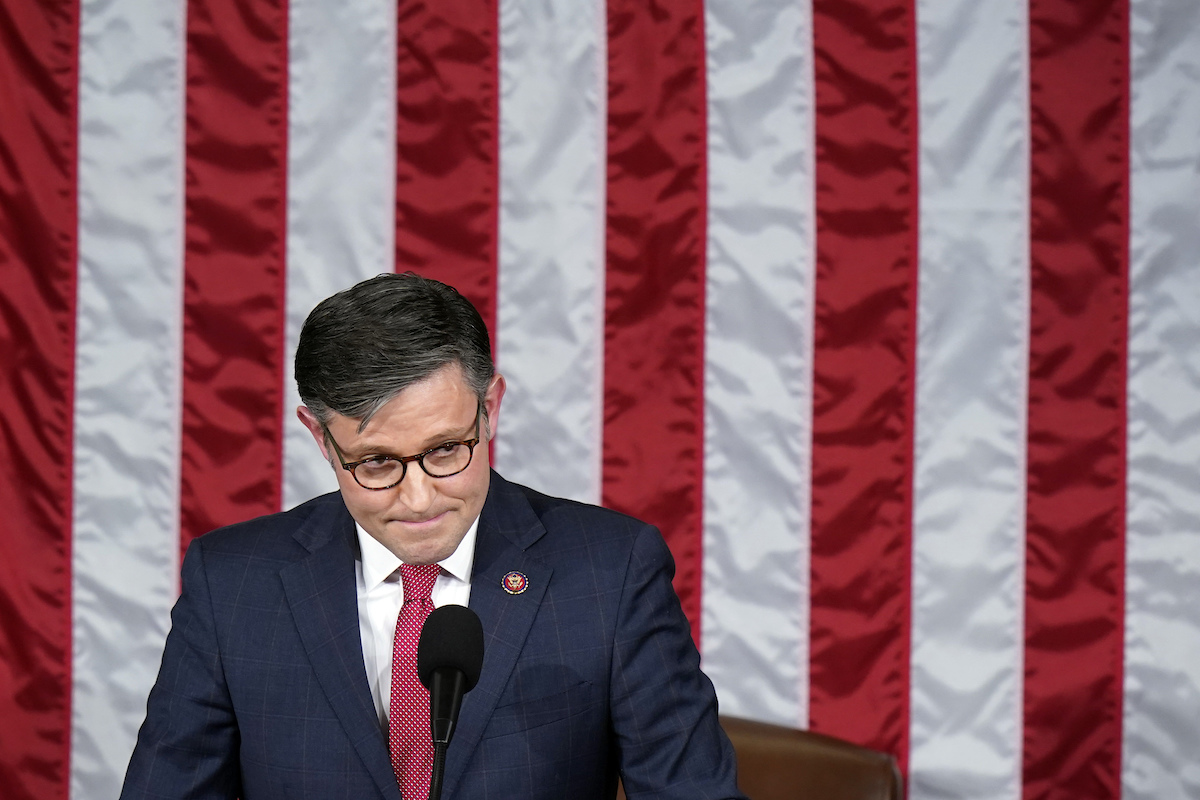 Speaker Johnson Oct w/ American flag, 10-25-2023
