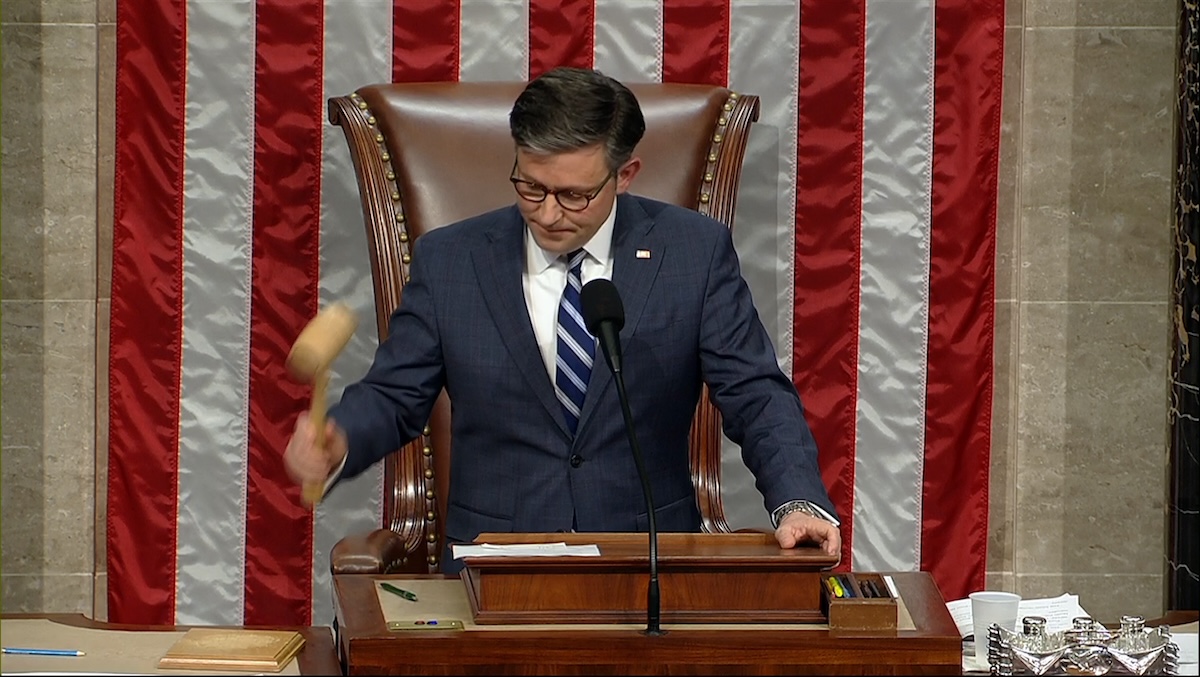 House Speaker Mike Johnson bangs the House gavel in Washington, 2-13-2024