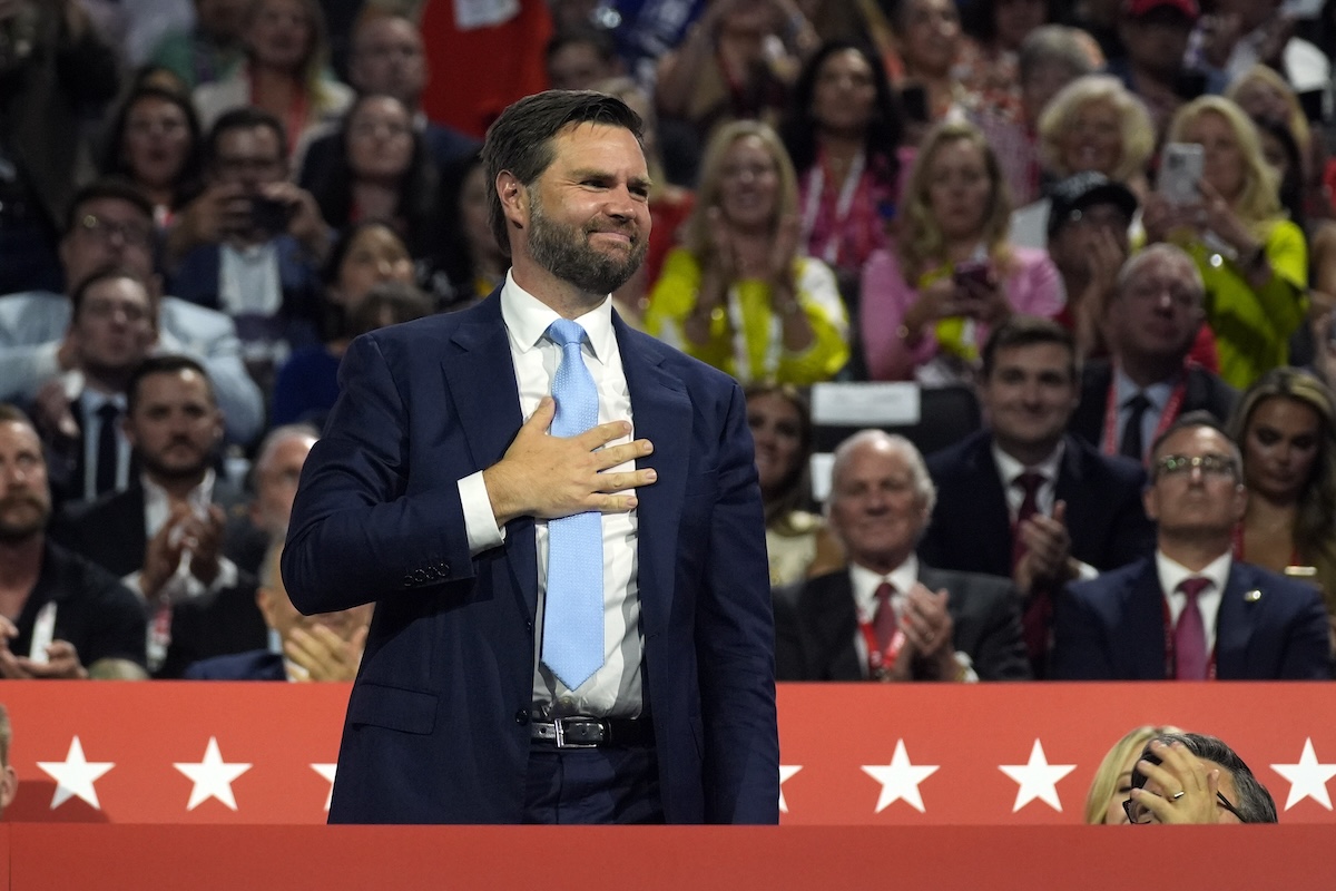 Vance at RNC Day 1 with hand on chest 07-15-2024