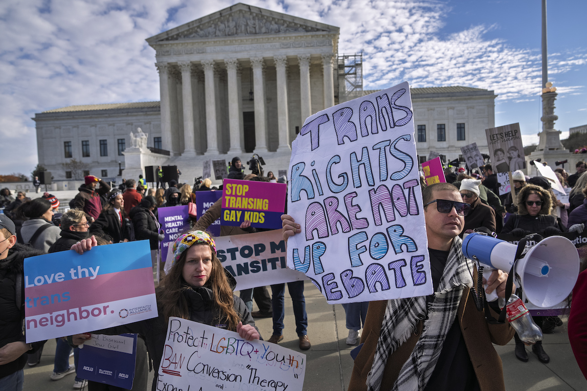 Protesters outside Supreme Court during Skrmetti arguments Dec 4 2024