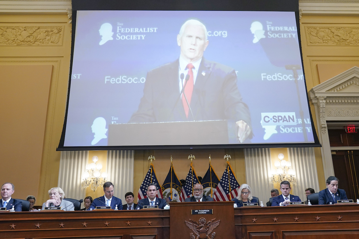 Jan. 6 House committee June 16 hearing with Pence in the background