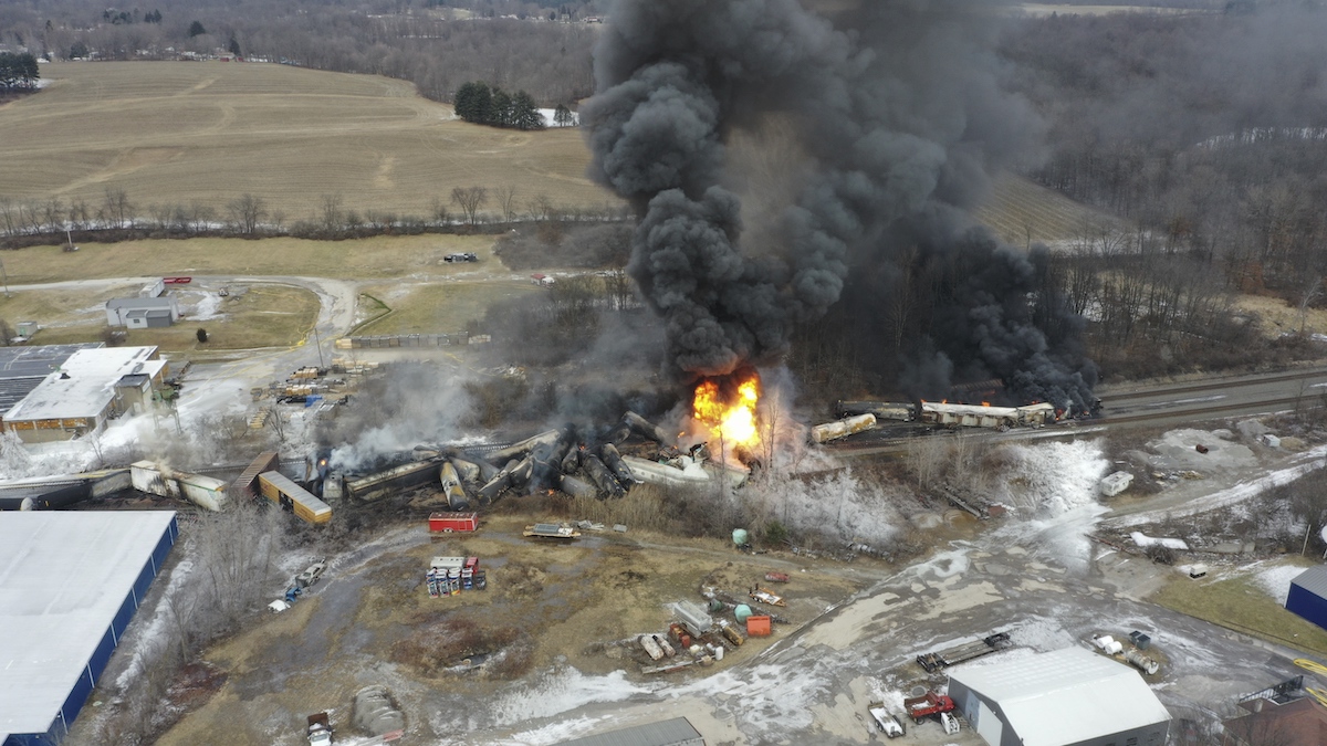 East Palestine aerial view with flames