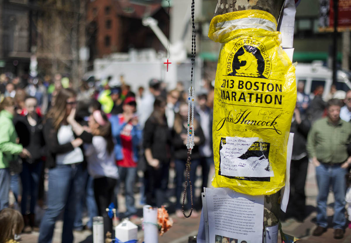 Boston marathon bombing memorial sign art