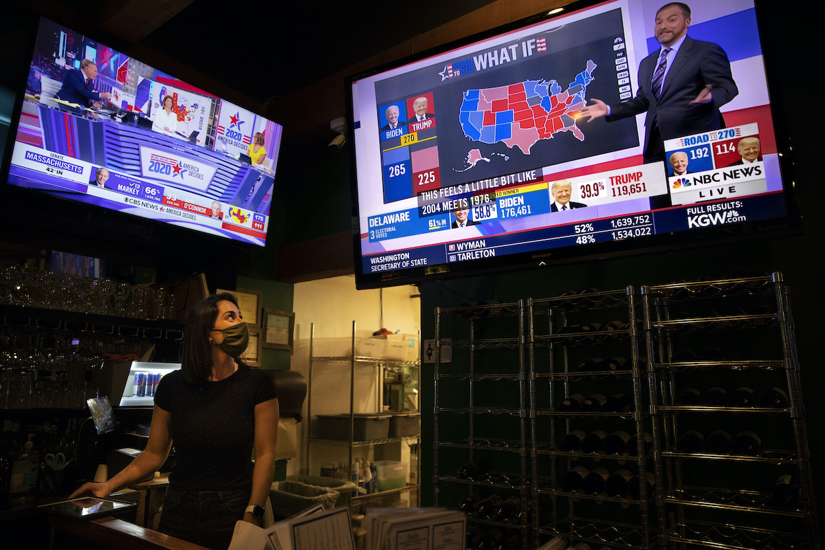 Bartender watches election results in Oregon 11-3-20