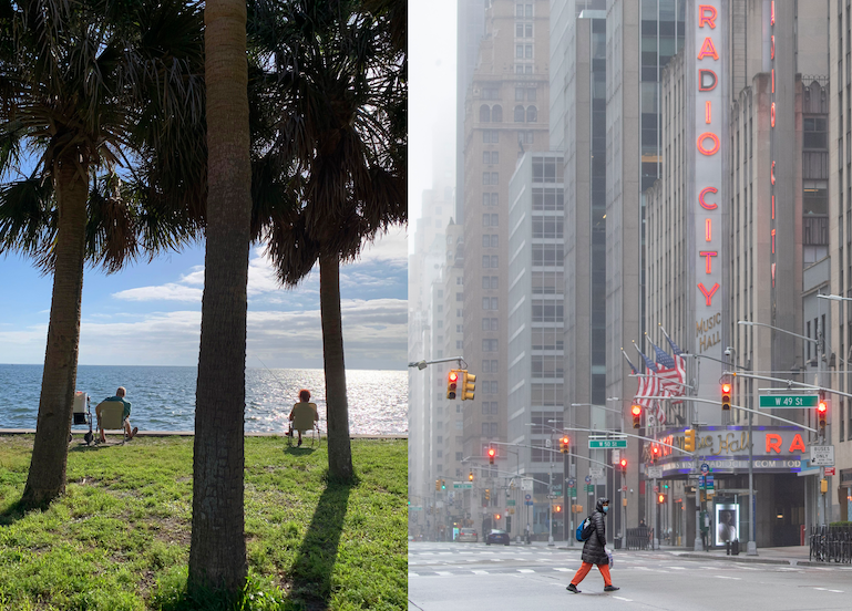 Merged image showing Fla and NY scenes in March 2020