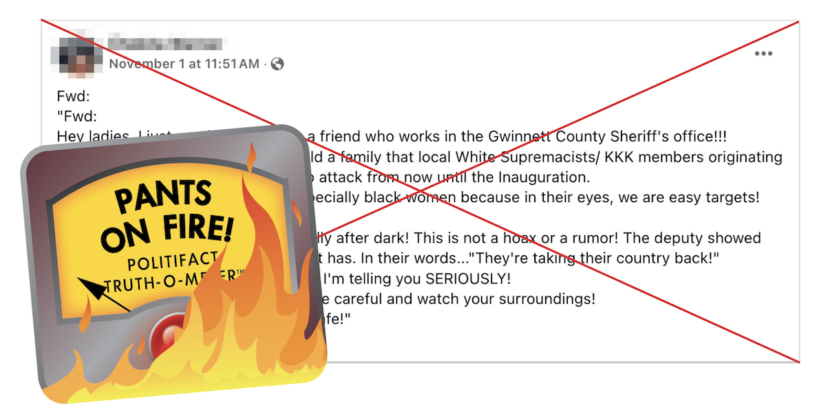 Graphic for the POF claim about white supremacists targeting voters 11-05-2024