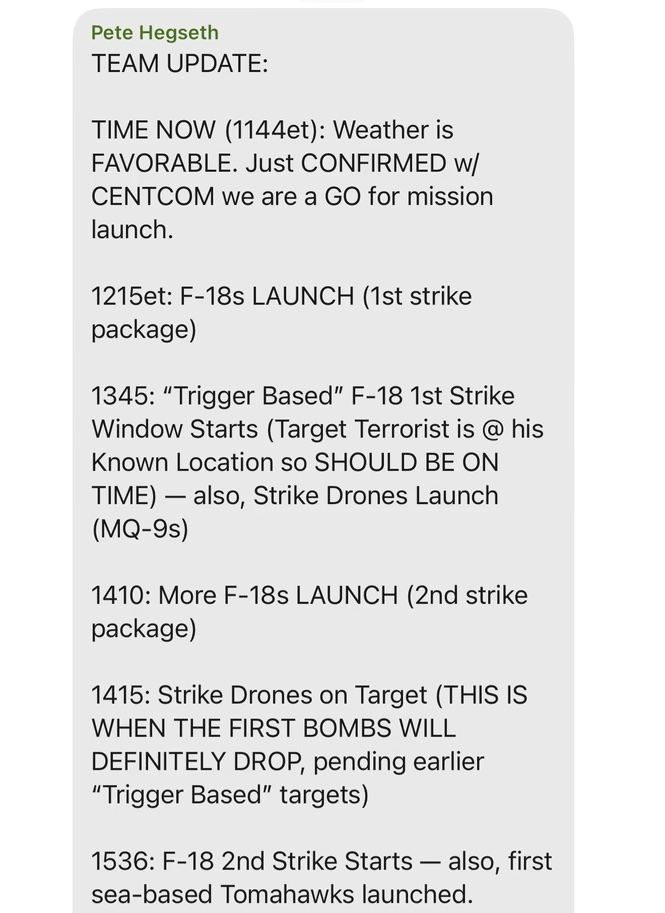 Screenshot of Pete Hegseth's message in Houthi PC Small Group