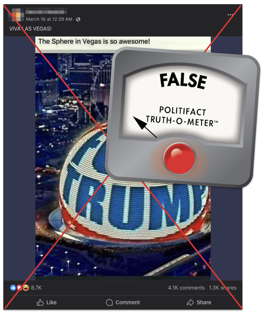 Las Vegas Sphere anti-Trump message claim edited screenshot for story, 3-21-2024