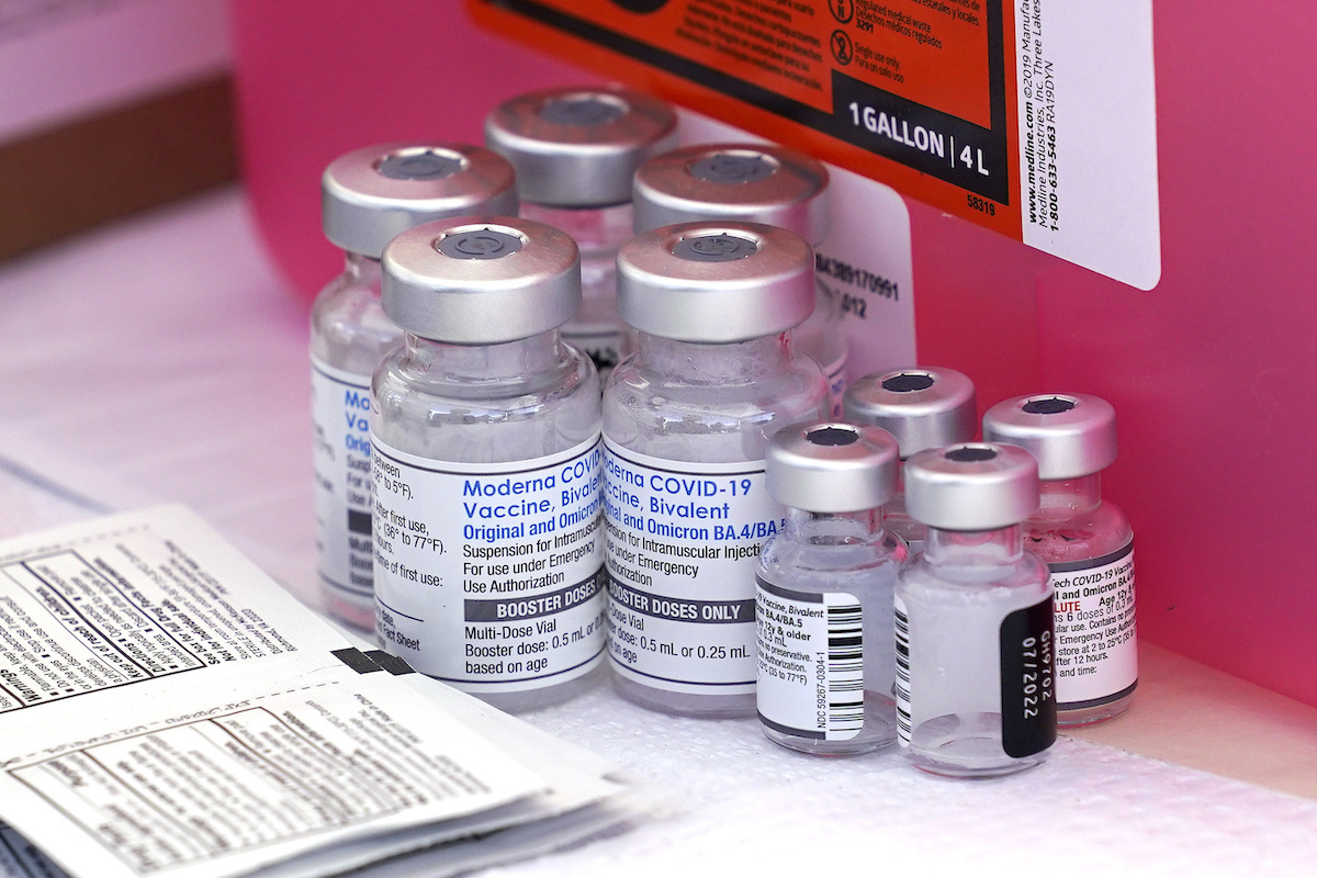 Moderna COVID-19 and flu vaccine bottles Lynwood, Calif., 10-28-2022