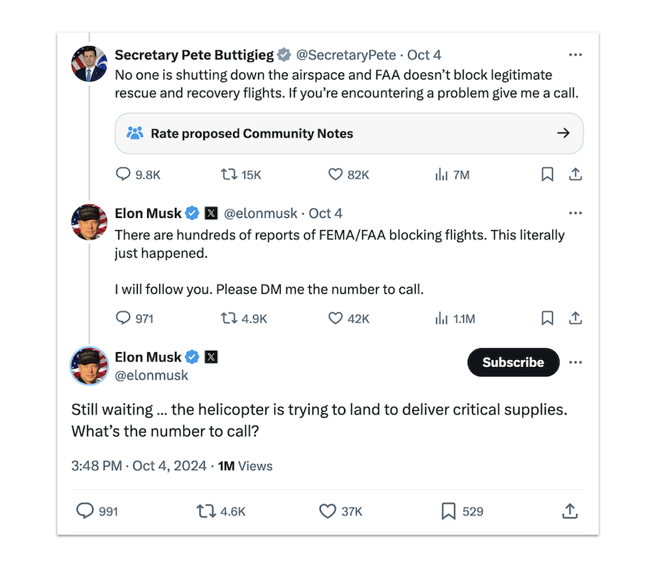Elon Musk and Pete Buttigieg X post conversation 10-04-2024