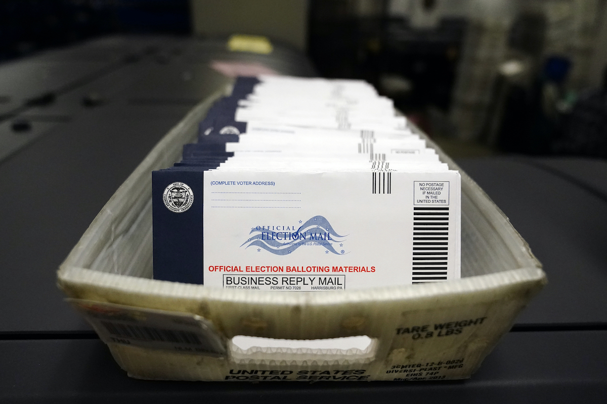Crate of mail ballots in West Chester PA 10-23-20