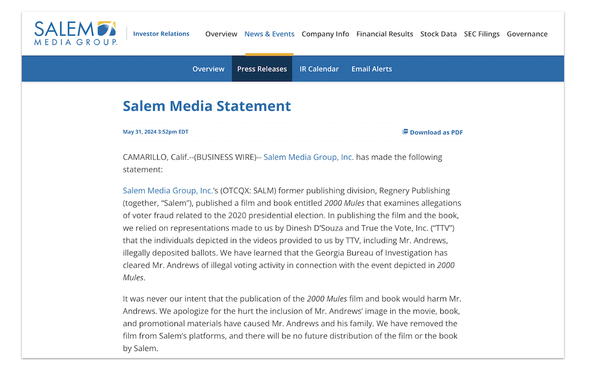 Salem Media's statement about "2000 Mules" 05-31-2024