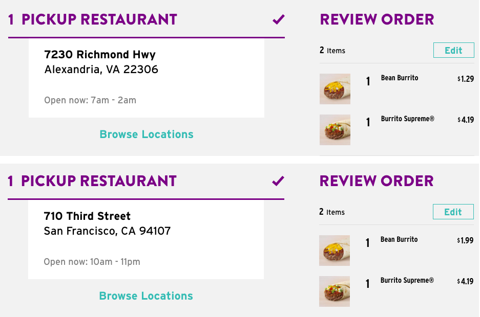 Taco Bell price comparisons screenshot