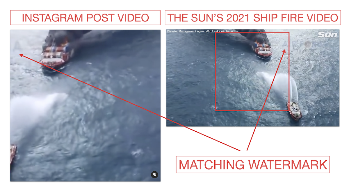 Graphic showing the origin of a video that claims to show a 2024 missile strike of a US ship near Yemen.