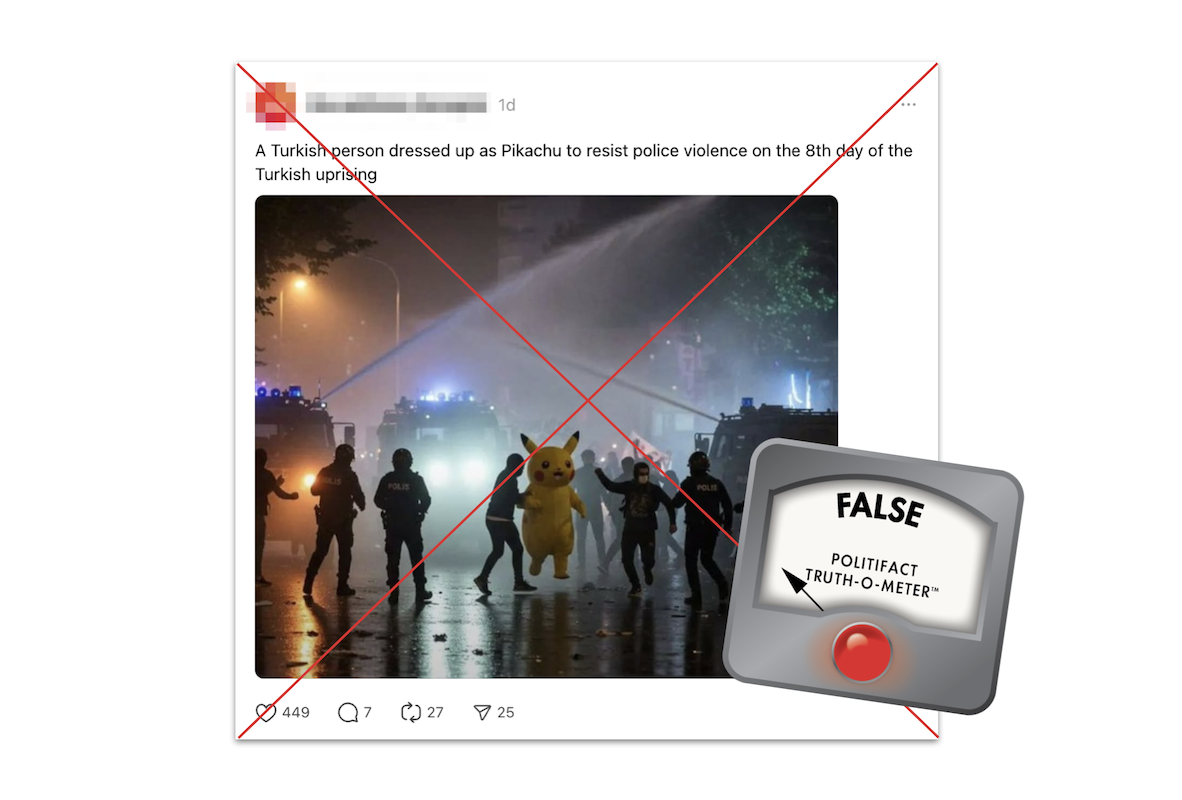 Screenshot of AI Pikachu protester, with False graphic, 03-28-2025