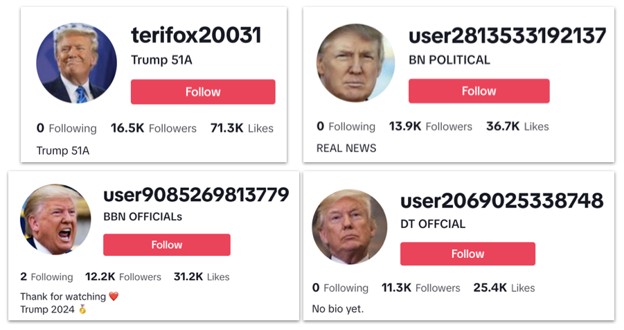 Cuentas en TikTok usando la imagen de Trump