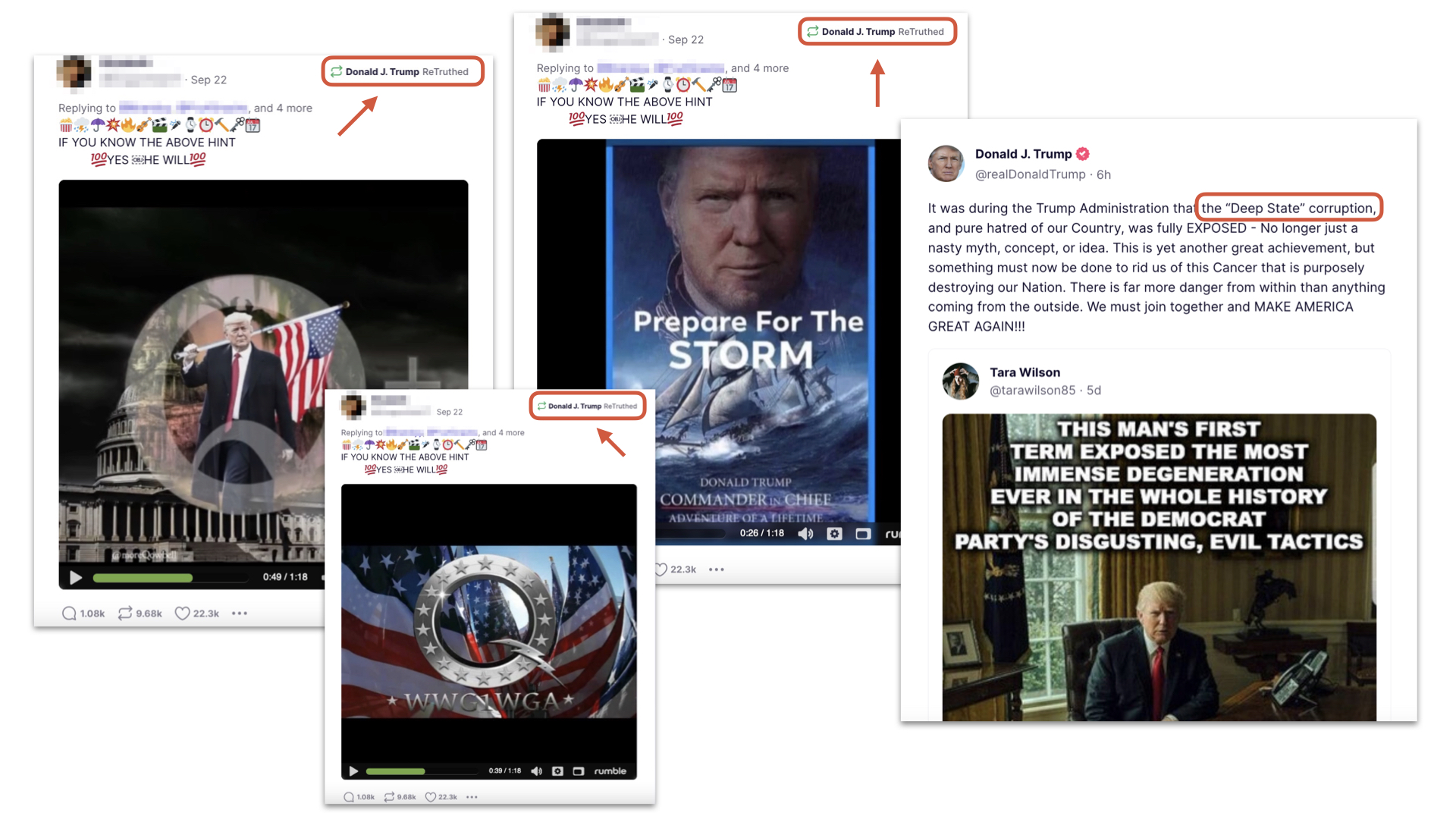 Graphic showing Trump QAnon Truth Social posts