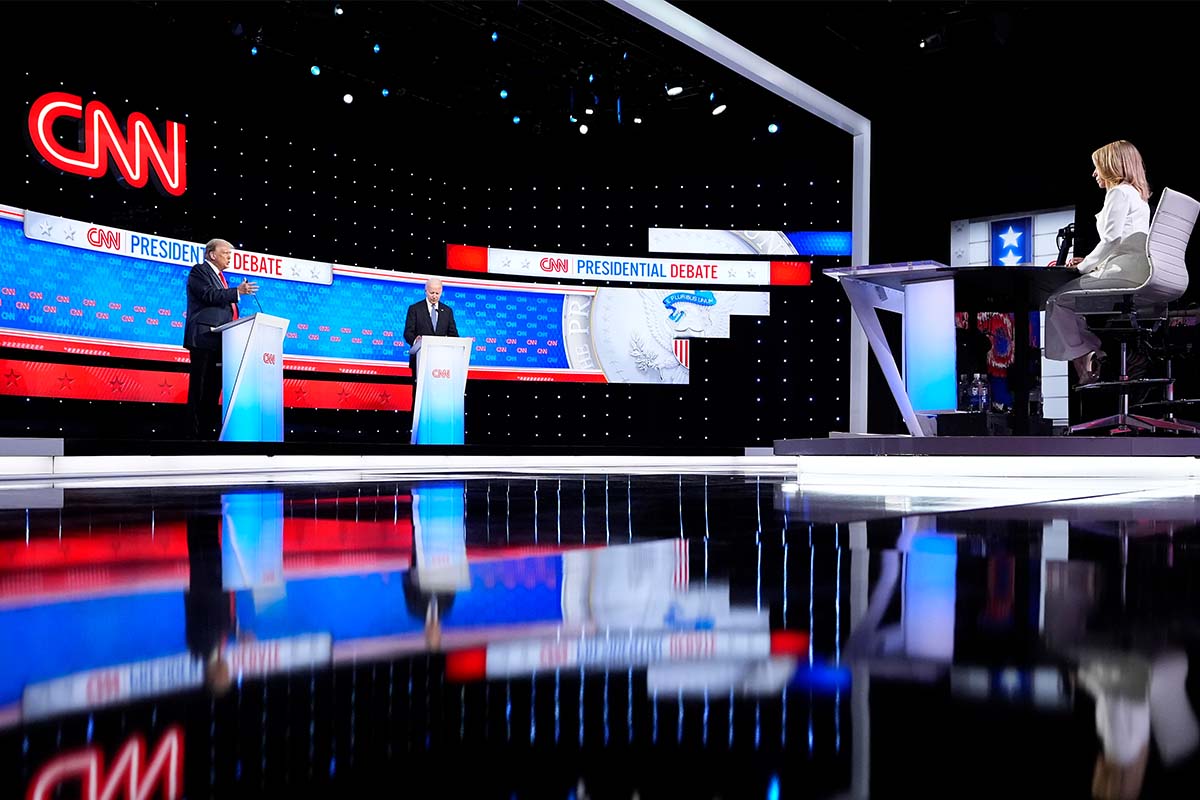 Wide-angle shot presidential debate stage in Atlanta, 6-27-2024