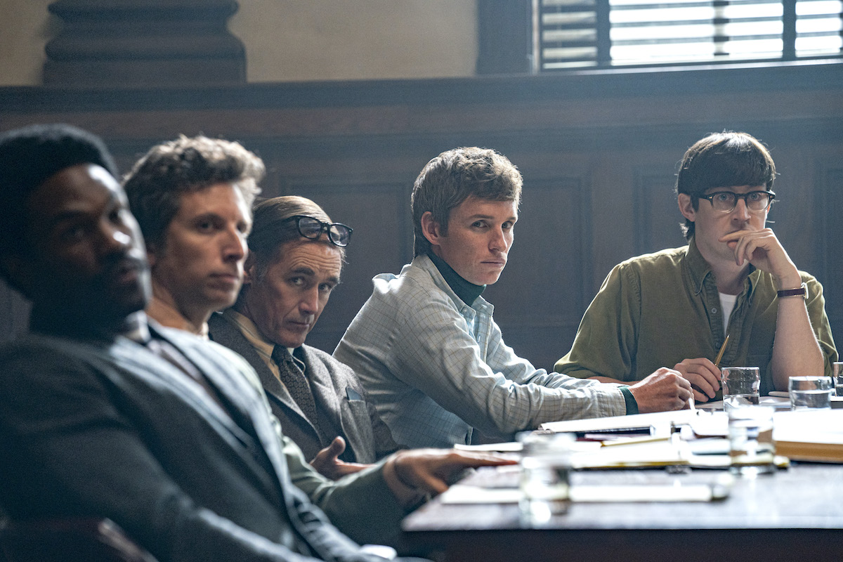 Trial of the Chicago 7 defendants at table