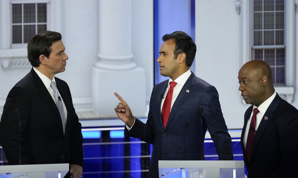 Ron DeSantis, VIvek Ramaswamy and Tim Scott at GOP debate in MIami, 11-8-2023