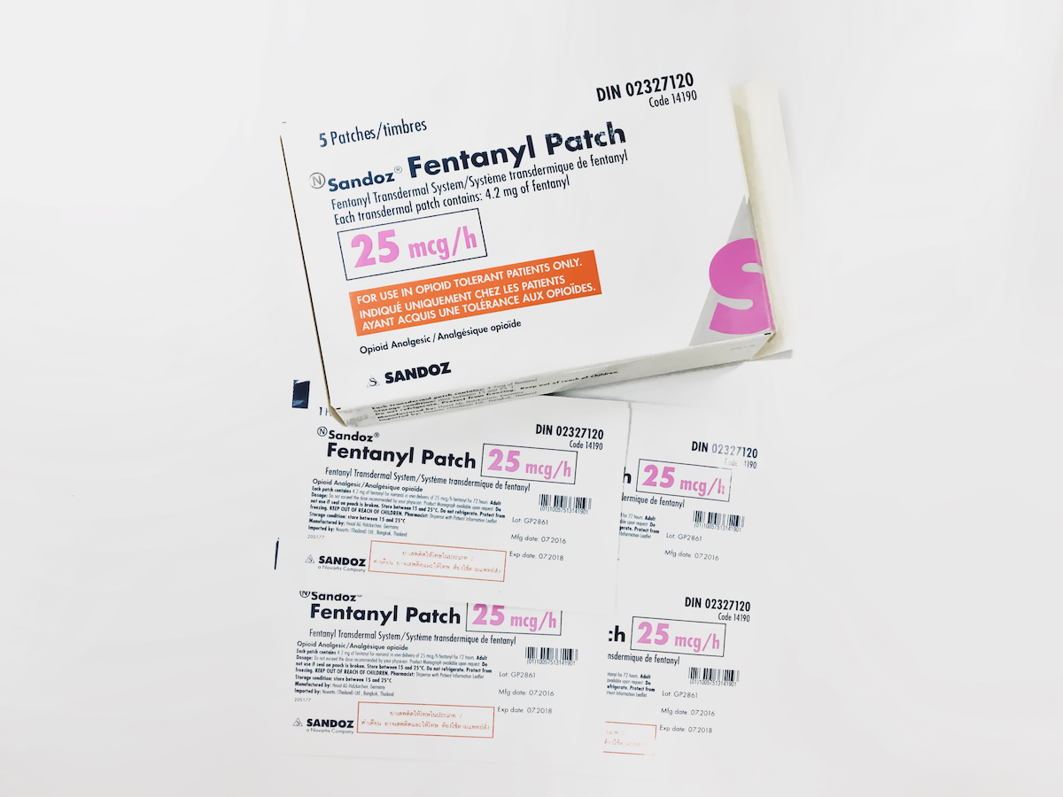 Photo of fentanyl patch boxes on white background, 7-31-2018