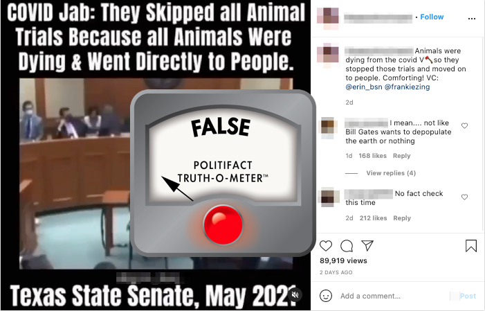 Skipped animal trials Instagram post with False logo