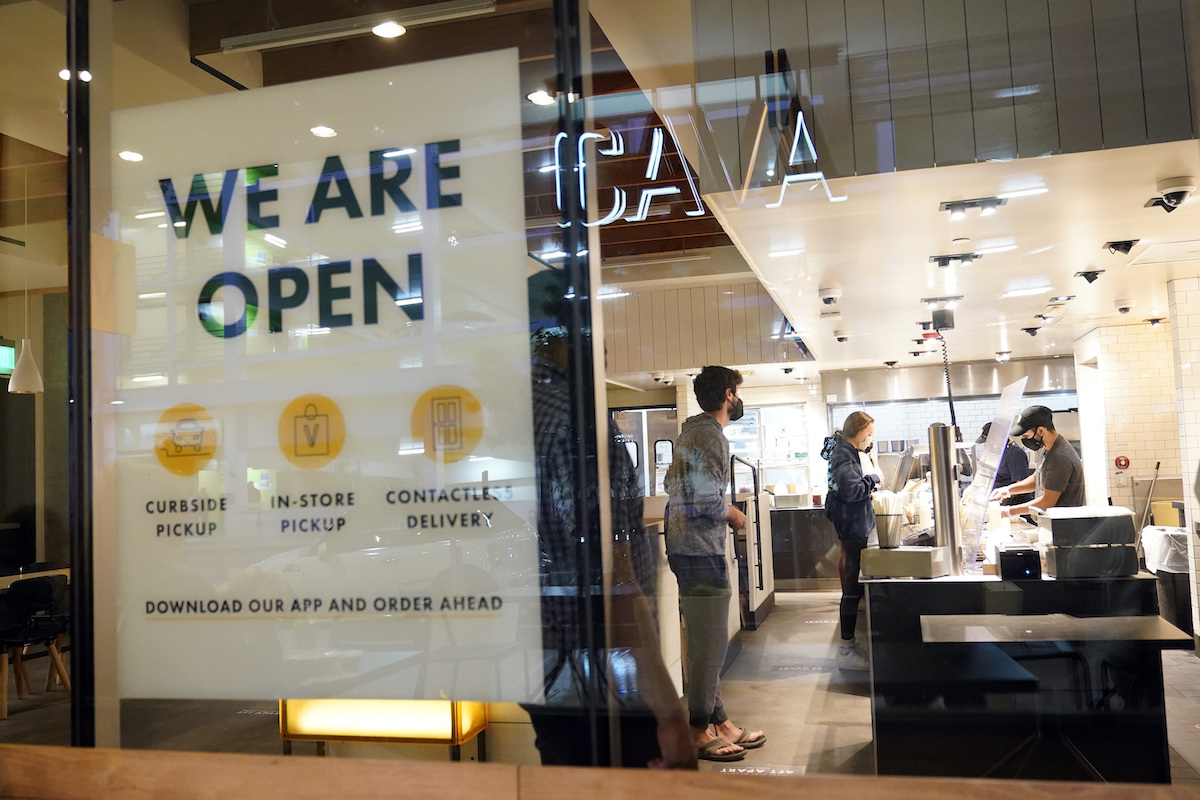 Open for business sign at a California restaurant 3-16-21