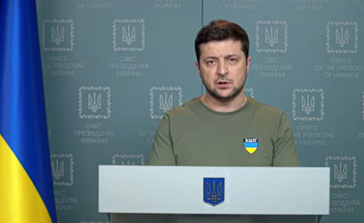 Ukrainian President Volodymyr Zelenskyy speaking on March 3, 2022
