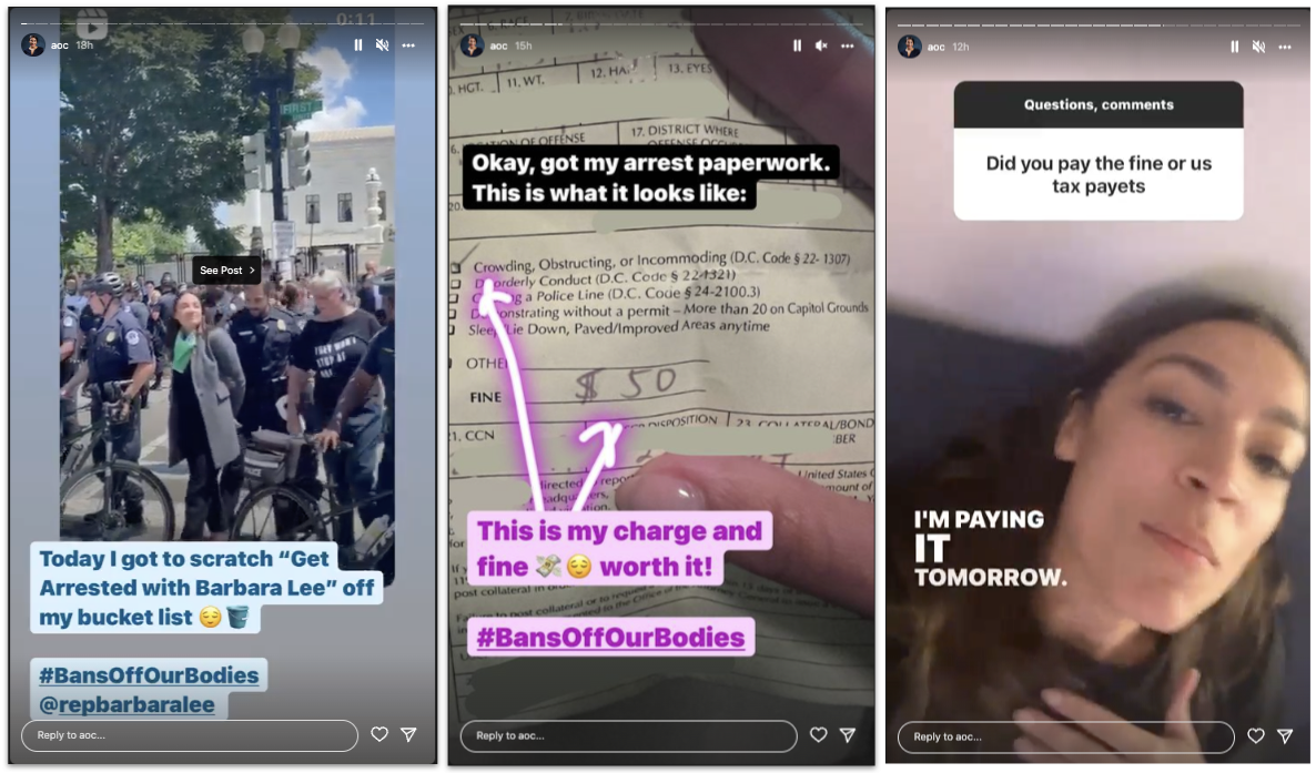 AOC details arrest on Instagram, screenshots