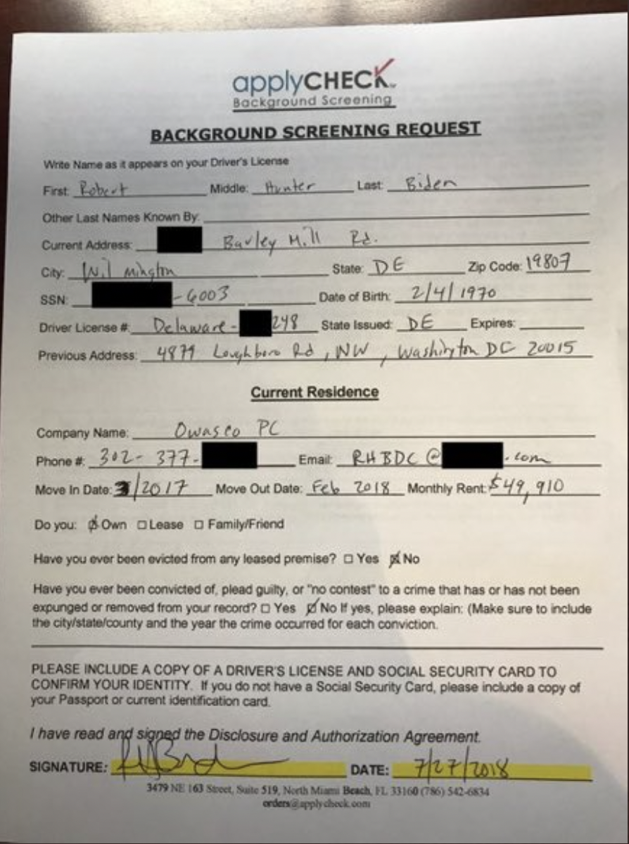 Screenshot of Hunter biden background screen doc