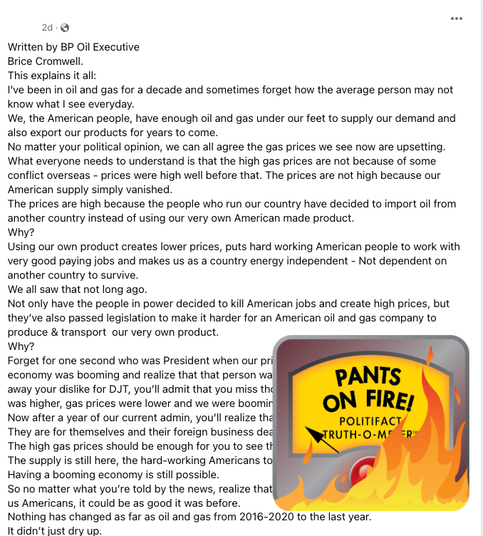 Screenshot of Brice Cromwell BP Oil FB post