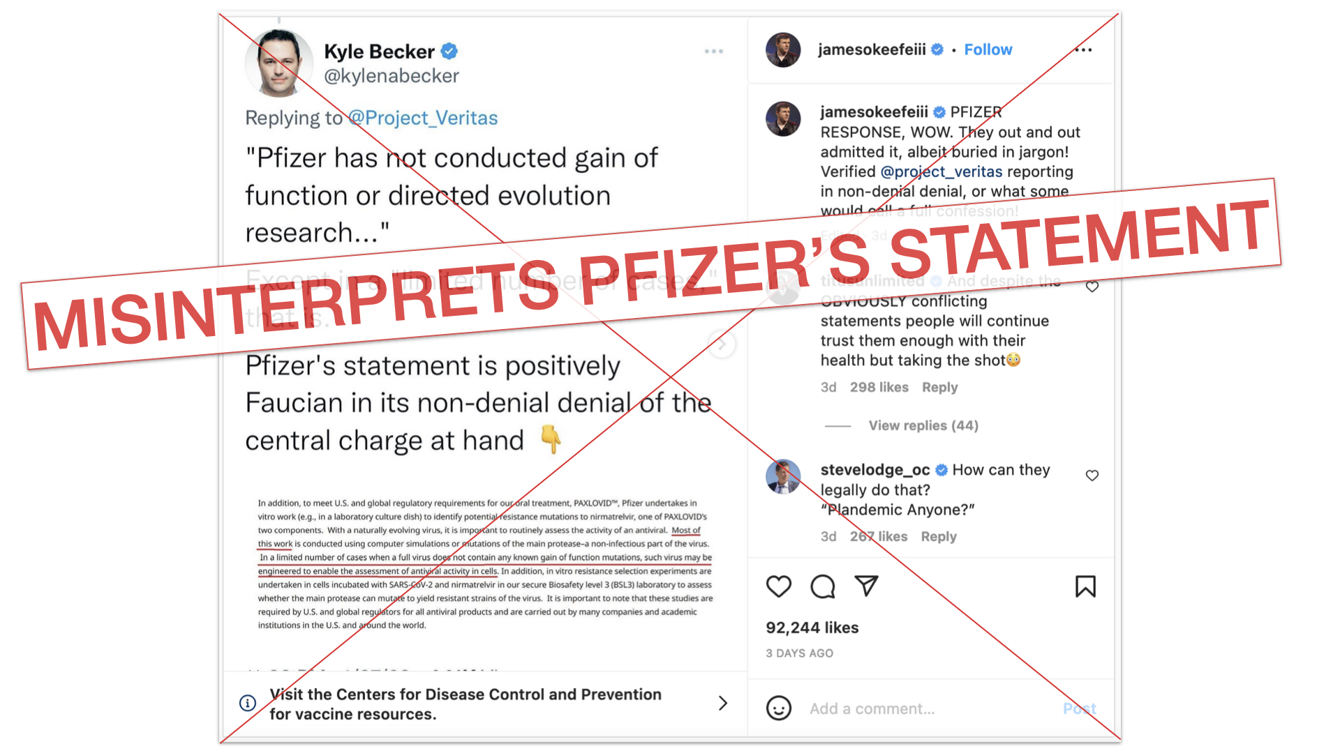 Graphic of post that misinterprets Pfizer's statement about GOF research claims