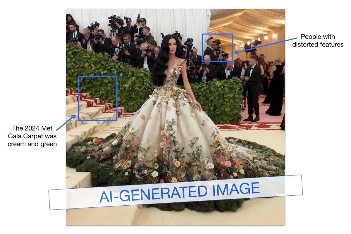 Graphic showing how you can tell 2024 Met Gala images of Katy Perry are AI generated 05-07-2024