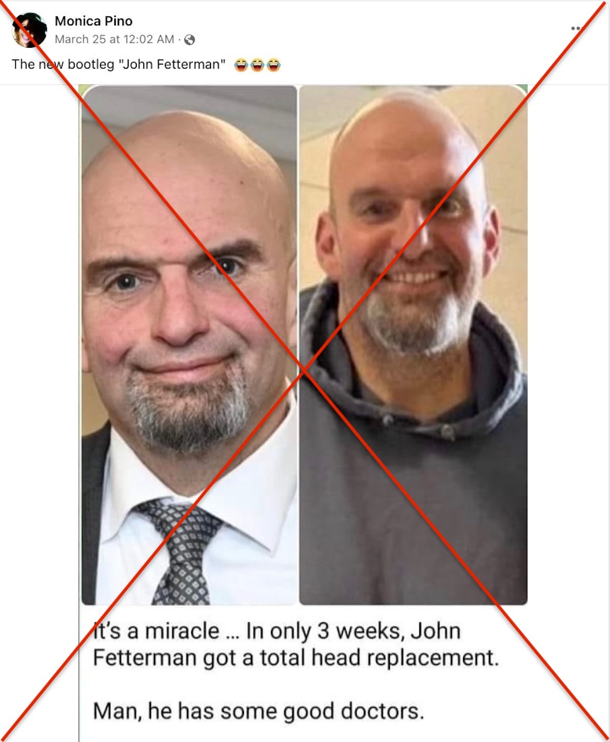 False Facebook post alleging John Fetterman body double, March 25, 2023