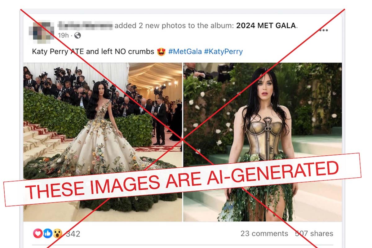 Screenshot of AI-generated Katy Perry 2024 Met Gala dress Facebook post graphic 05-07-2024