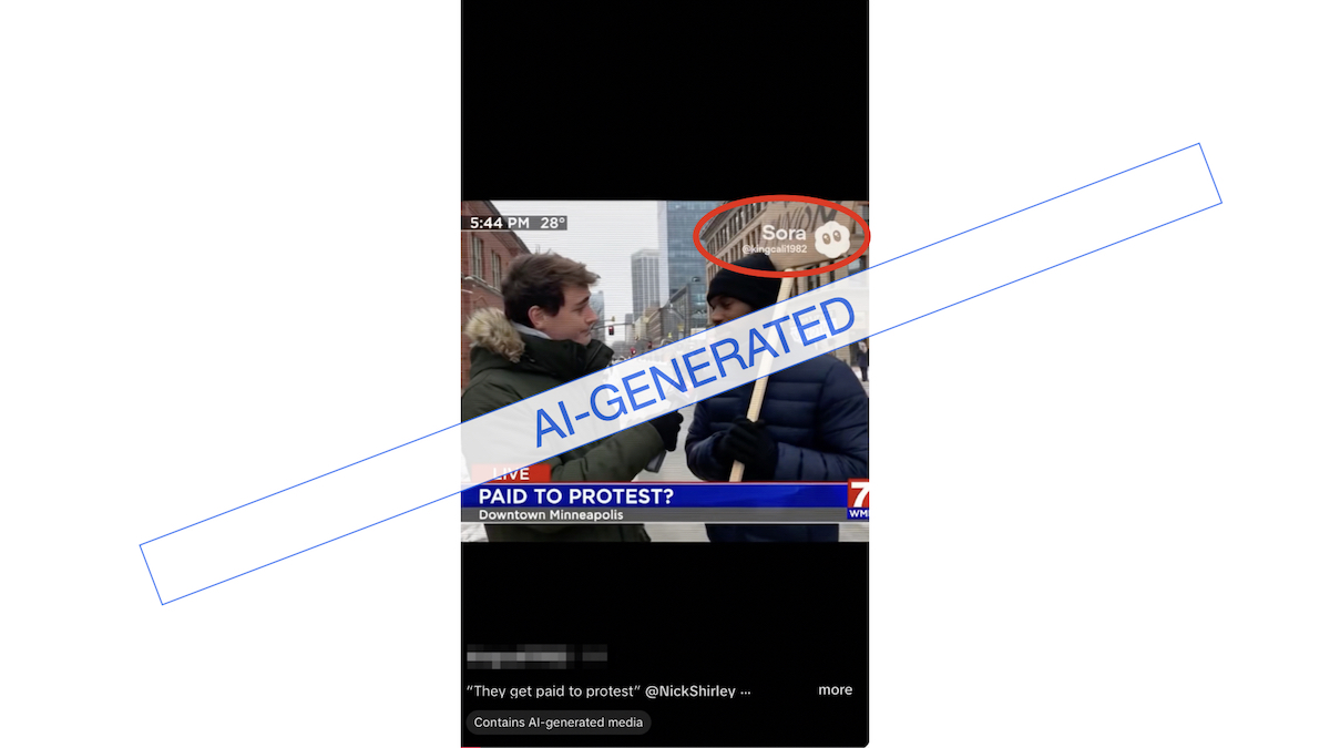 Graphic of AI generated "paid protest" video