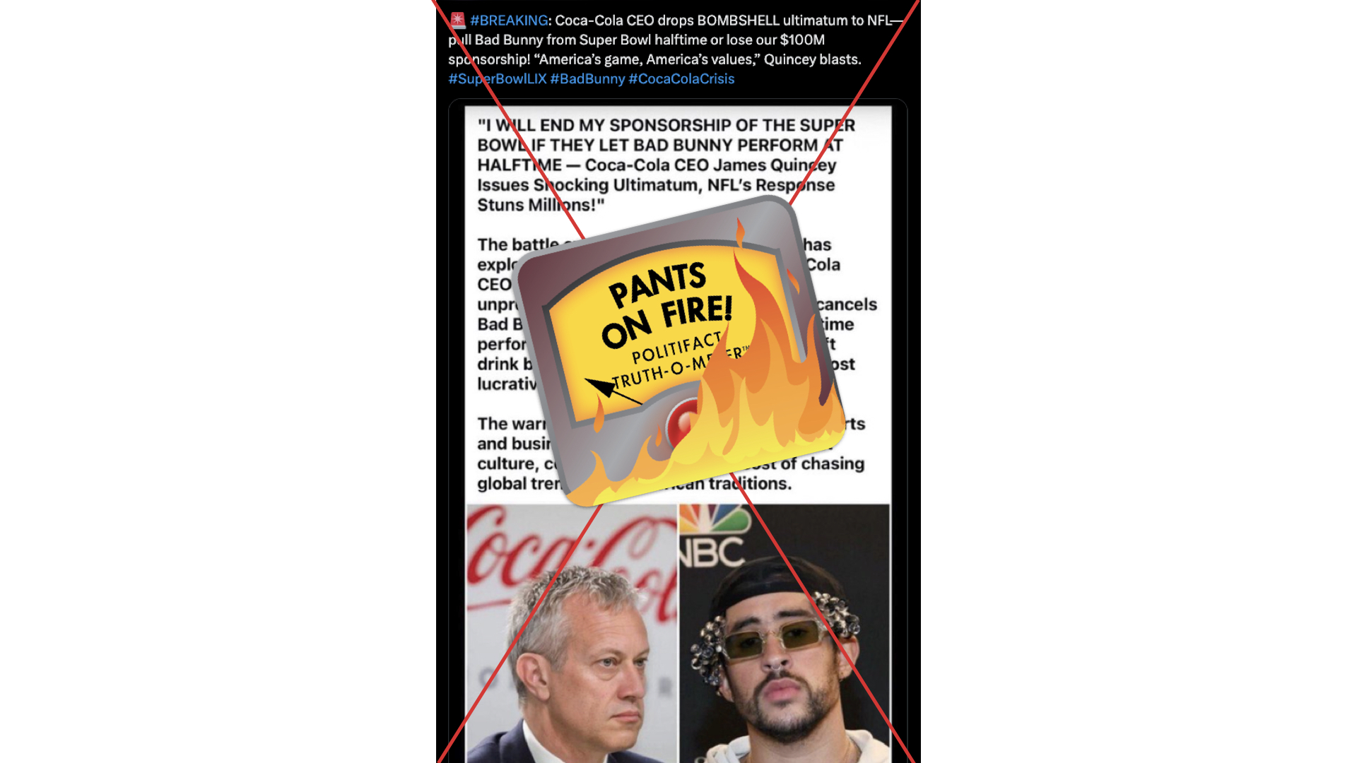 POF Graphic about fabricated story on Bad Bunny's halftime show
