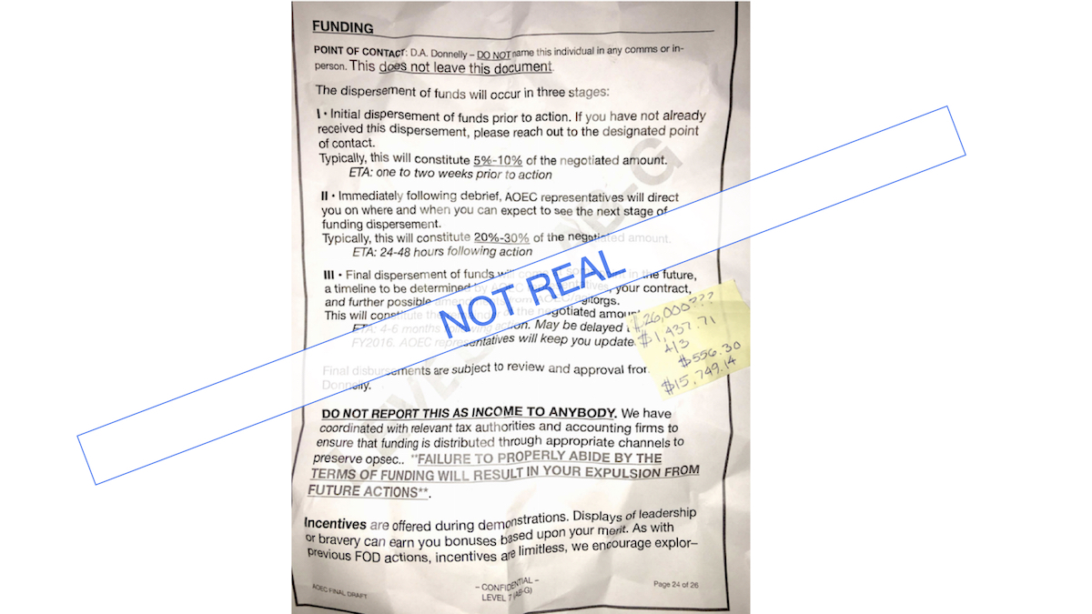 Photo of a fake funding document of paid protesters