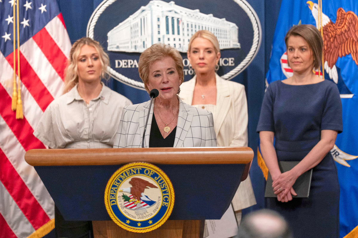 Linda McMahon presser trans women in sports with Pam Bondi