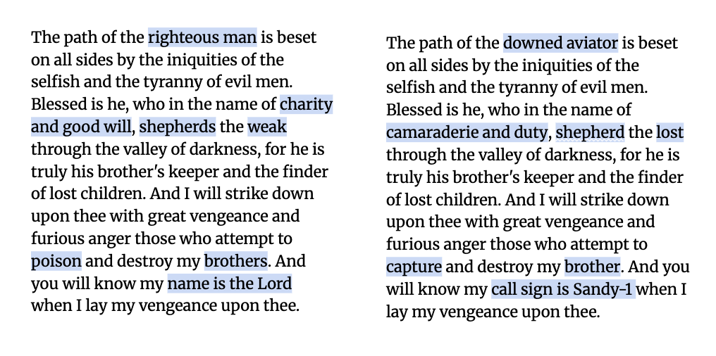 Differences between Pulp Fiction dialogue and CSAR prayer 2, 04-17-2026