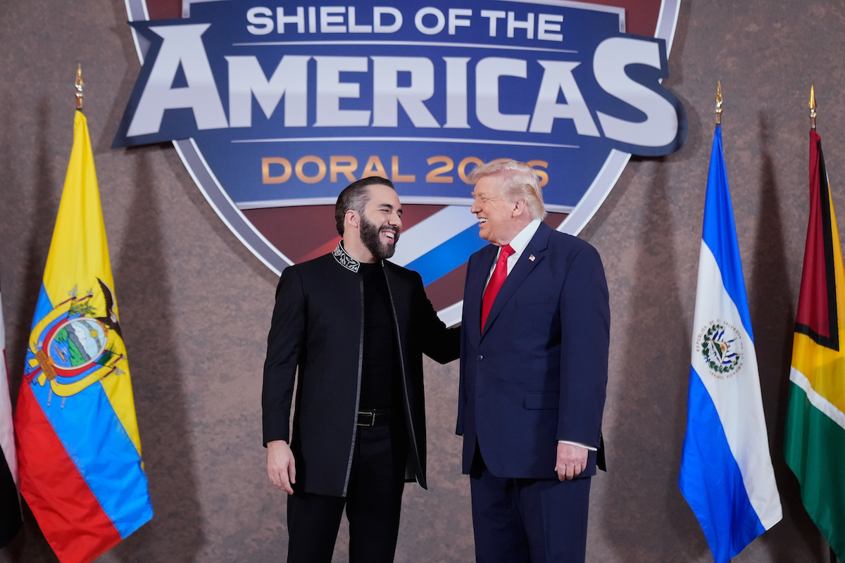 Español: Bukele y Trump en la Cumbre Escudo de las Americas 03-07-26